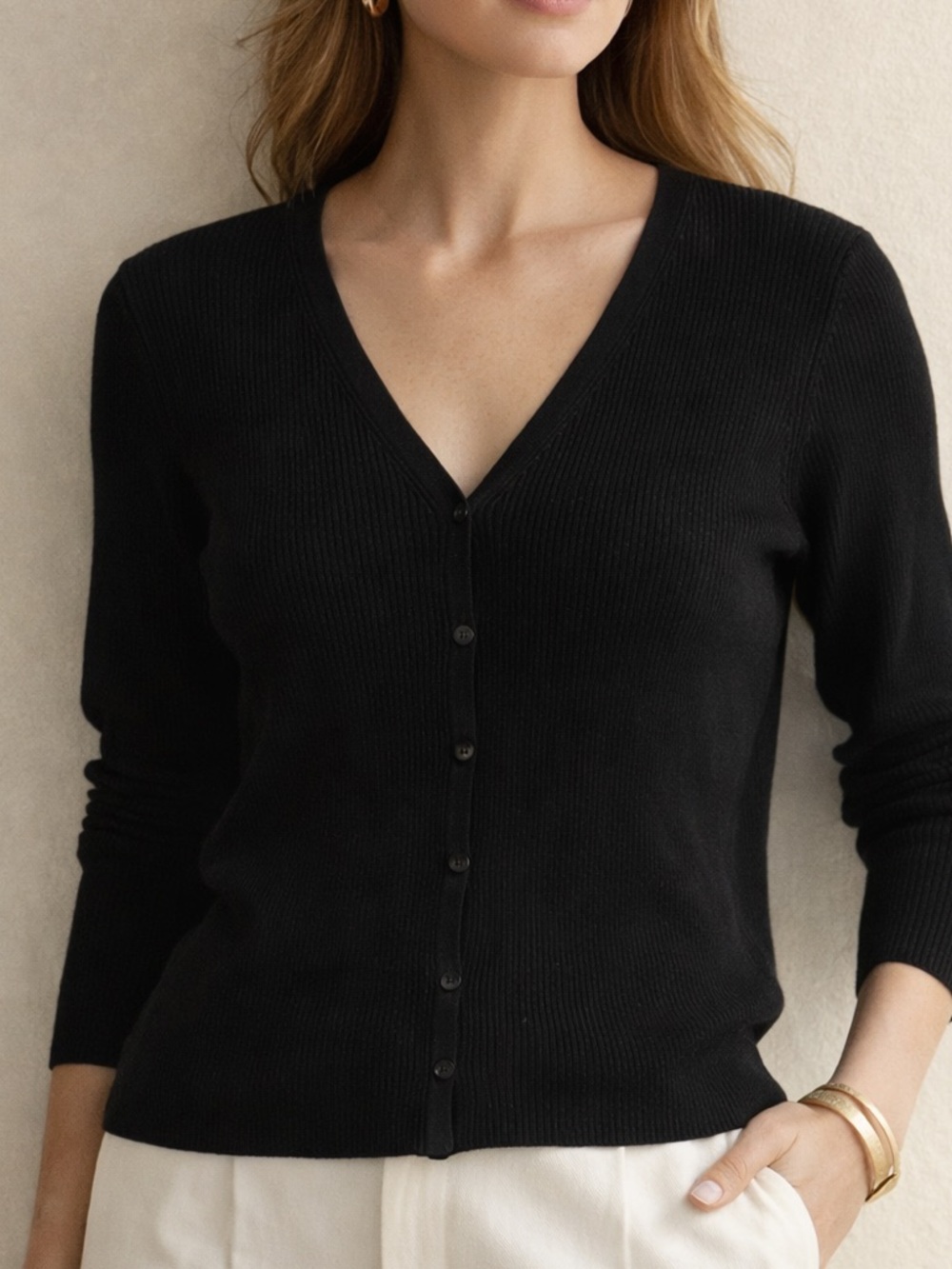 Sandra King Silk Blend Ribbed Cardigan Black Minimalist Quiet Luxury Preppy S